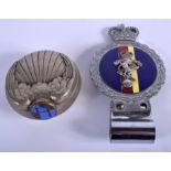 A STYLISH ART DECO CHROME AND ENAMEL RADIATOR CAP together with another car mascot. 6.5 cm x 6.5 cm