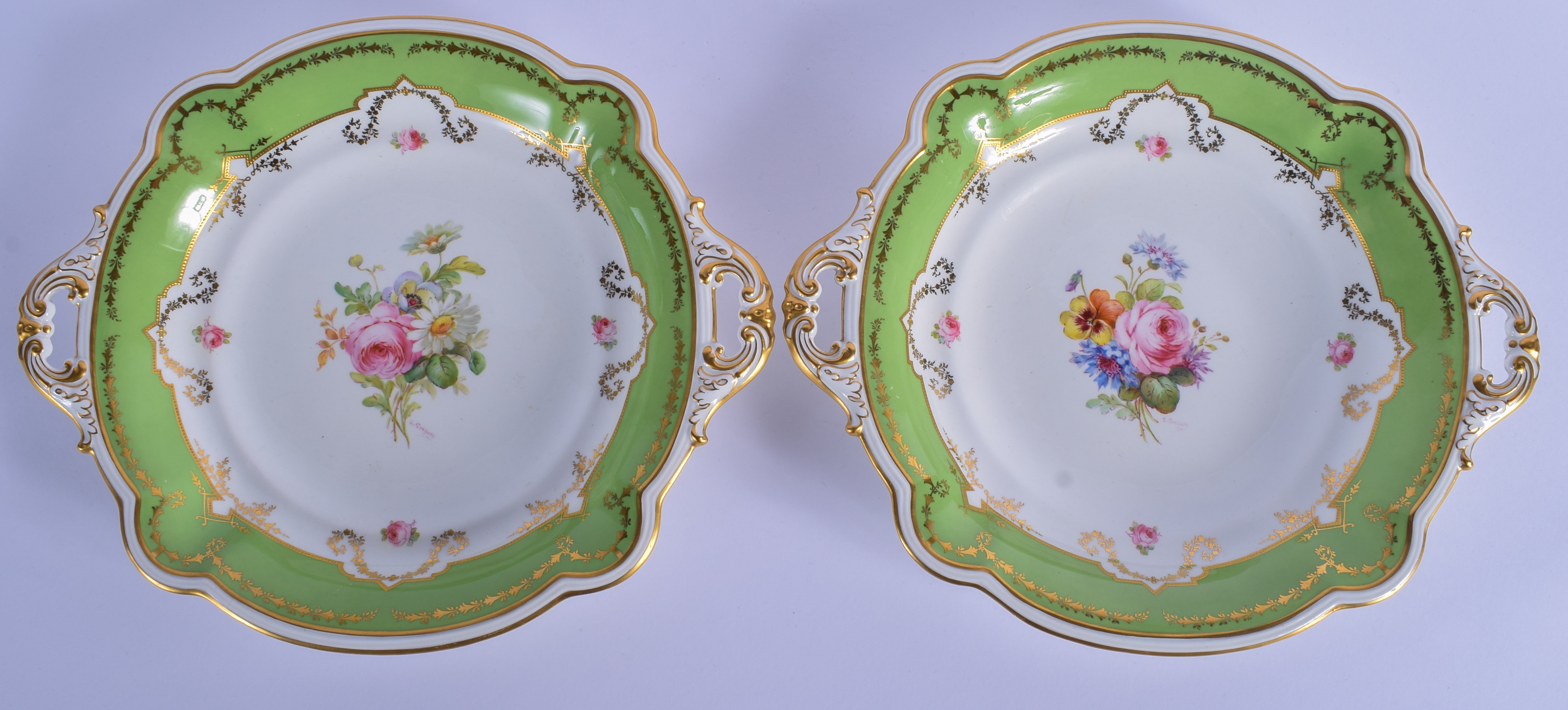 Royal Crown Derby fine pair of two handled dishes by Albert Gregory, signed having a gilt lime gree