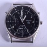 A SEIKO BLACK DIAL TRIPLE DIAL STAINLESS STEEL WRISTWATCH. 3.5 cm wide.