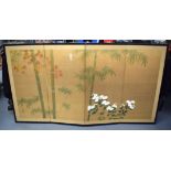 A JAPANESE TAISHO PERIOD FOLD SCREEN decorated with birds in flight. 166 cm wide.and 92cm high