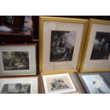A LARGE PAIR OF ANTIQUE FRENCH FRAMED PRINTS, together with other prints etc. Pair Total 89 cm x 67