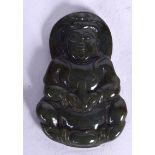 A CHINESE SPINACH JADE CARVED PLAQUE PENDANT, in the form of a seated Guanyin. 5.25 cm long.