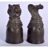 A BRONZE CUP IN THE FORM OF A COBRA, together with a tiger. 6 cm. (2)