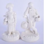 Early 19th c.Derby pair of biscuit figures of a boy and girl gardener both with baskets of flowers
