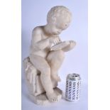A LARGE 19TH CENTURY CARVED ALABASTER FIGURE OF A BOY After The Antique, modelled inscribing a book