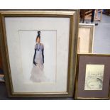 A FRAMED PRINT OF A FEMALE, together with a Peter Rabbit picture. Largest 27 cm x 17 cm. (2)