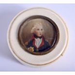 AN ANTIQUE CARVED IVORY PORTRAIT MINIATURE BOX AND COVER. 6.75 cm wide.