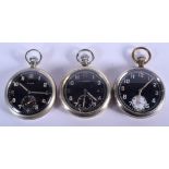 THREE VINTAGE MILITARY SILVER PLATED CHROME POCKET WATCHES. 5 cm wide. (3)