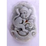 A CHINESE CARVED JADEITE MONKEY PENDANT, depicted seated amongst lingzhi fungus. 3.25 cm long.