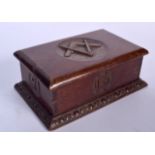 AN EARLY 20TH CENTURY WOODEN MASONIC CIGARETTE BOX, carved panels to each side. 7 cm x 17 cm.