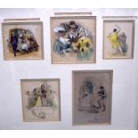 A FRAMED SET OF FIVE HAND COLOURED ENGRAVINGS, varying scene. Total 49 cm x 55 cm.