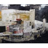 RICHARD THORNTON (British – Birmingham) FRAMED ABSTRACT OIL, “Castle and Pool, label verso. 45 cm x