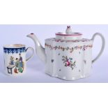 AN 18TH CENTURY LIVERPOOL BLUE AND WHITE MUG together with Newhall teapot & cover. 9 cm & 23 cm wid