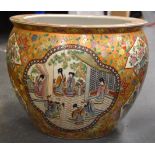 A MID 20TH CENTURY CHINESE ORANGE GROUND CANTON PORCELAIN JARDINIERE, decorated with figures in pan