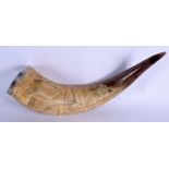 A SUPERB EARLY 19TH CENTURY ENGLISH CARVED SCRIMSHAW POWDER HORN with Scottish silver mounts, possi