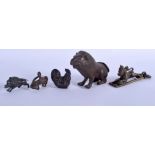 FIVE ASSORTED 19TH CENTURY CONTINENTAL EASTERN BRONZES including a lion etc. Largest 11 cm x 8 cm.