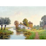 DUTCH SCHOOL (early 20th century) FRAMED OIL ON CANVAS, signed “Joustra”, river landscape, label wi