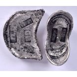 TWO CHINESE WHITE METAL INGOTS. Largest 8 cm wide. (2)