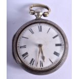 AN ANTIQUE ENGLISH PAIR CASED VERGE POCKET WATCH. 4.5 cm wide.