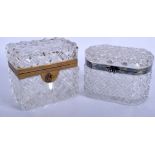 A 19TH CENTURY FRENCH CRYSTAL GLASS AND BRASS CASKET together with a similar casket. 12 cm x 12 cm.