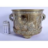 A LARGE 19TH CENTURY JAPANESE MEIJI PERIOD TWIN HANDLED BRONZE PLANTER decorated with landscapes an