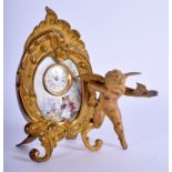 AN ANTIQUE VIENNESE BRONZE AND ENAMEL PUTTI CLOCK. 12 cm x 8 cm.