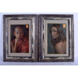 A PAIR OF CHINESE THAI ASIAN FRAMED PASTEL OIL PAINTINGS 20th Century. Image 13 cm x 20 cm.