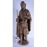 A LARGE EARLY 18TH CENTURY SOUTH EUROPEAN CARVED WOOD FIGURE OF A MALE modelled wearing flowing rob