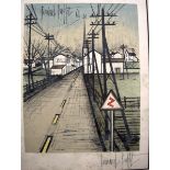 BERNARD BUFFET (1928-1999) UNFRAMED LITHOGRAPH, signed in pencil, expressionist scene. 42 cm x 32 c