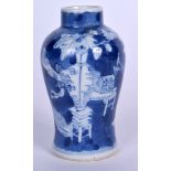 A 19TH CENTURY CHINESE BLUE AND WHITE PORCELAIN VASE, painted with precious objects. 9.75 cm high.