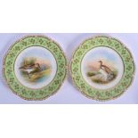 Late 19th c. Aynsley pair of plates painted by Micklewright with a Ptarmigan or a Snipe, under a gr