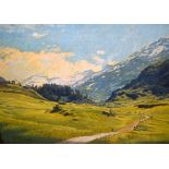 GUSTAV HOLSTEIN (b.1876) GERMAN FRAMED OIL ON BOARD, signed, inscription verso, mountainous landsca