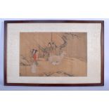 A GOOD 18TH CENTURY CHINESE INK WORK WATERCOLOUR PAINTING Qianlong, painted with a white deer withi