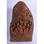 A 19TH CENTURY CHINESE CARVED HARDSTONE SOAPSTONE BUDDHISTIC GROUP. 23 cm x 11 cm.