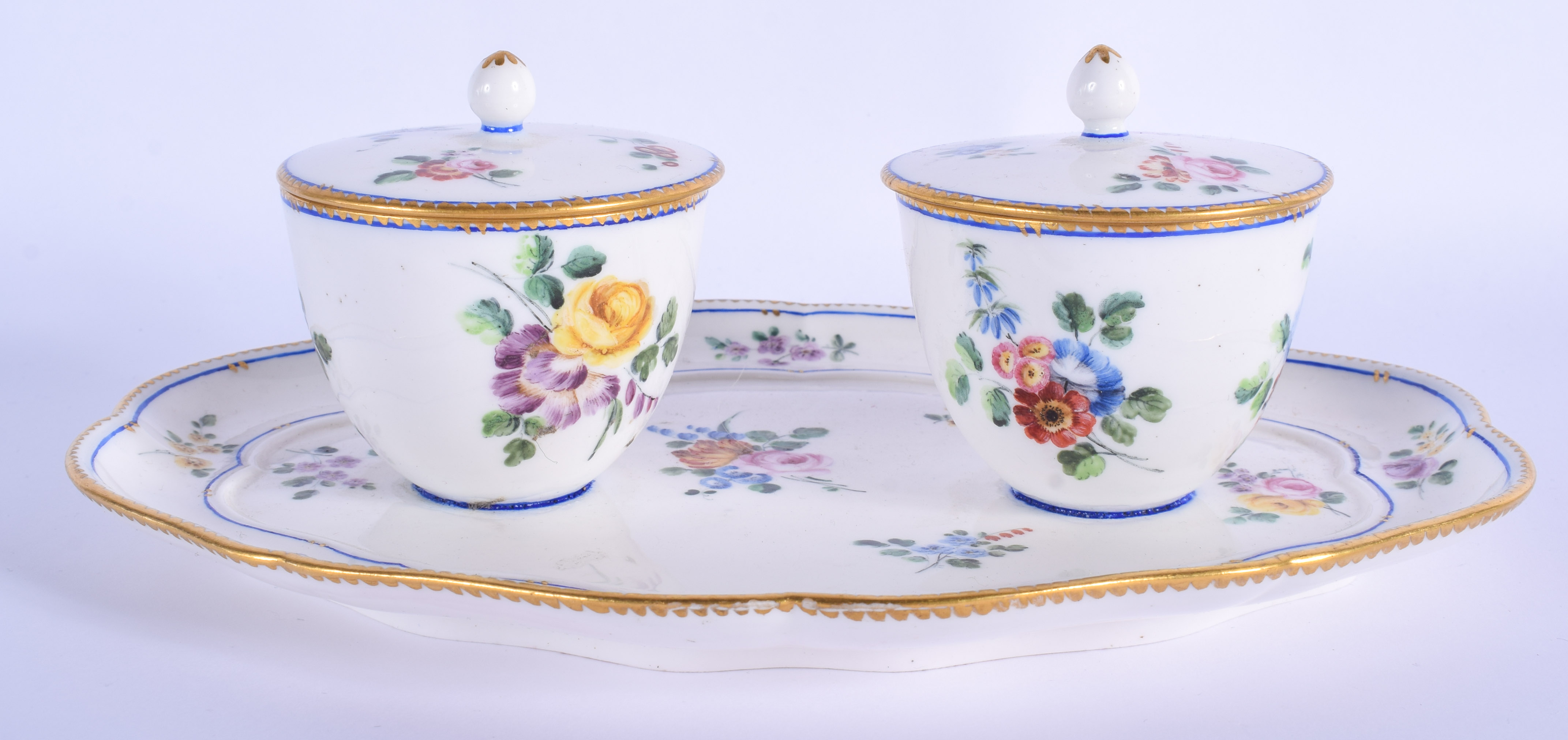 18th c. Sevres double preserve-stand and two covers (plateau a deux pots de confitures) painted wi - Image 2 of 4