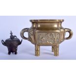 A 19TH CENTURY CHINESE TWIN HANDLED BRONZE CENSER together with another censer. Largest 21 cm x 15