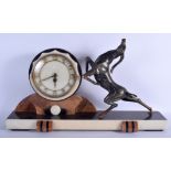 A LARGE ART DECO FRENCH SPELTER AND MARBLE LEAPING DEER CLOCK SET. 62 cm x 35 cm.