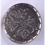 A CHINESE WHITE METAL PIN DISH, decorated with dragons. 10 cm wide.