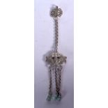 A CHINESE WHITE METAL HANGING PENDANT, formed with three gourd shaped jadeite beads. 19.5 cm long.