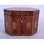 A GEORGE III MAHOGANY TUNBRIDGE WARE STYLE OCTAGONAL TEA CADDY decorated with motifs. 16 cm x 11 cm