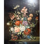 EUROPEAN SCHOOL (19th century) FRAMED OIL ON CANVAS STRETCHED ON BOARD, still life study of flowers