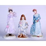 THREE ROYAL WORCESTER PORCELAIN FIGURINES, including “The Bustle” and “Regency”. Largest 25 cm. (3)