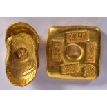 TWO CHINESE YELLOW METAL INGOTS. Largest 4.25 cm wide. (2)