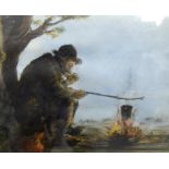 HARRY KEIR (1902-1977) FRAMED WATERCOLOUR & INK, “Roadside Fire”, label verso. 23.5 cm x 28 cm.