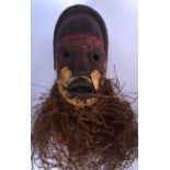A LIBERIAN WOODEN TRIBAL MASK, formed with a grass beard. 45 cm long.
