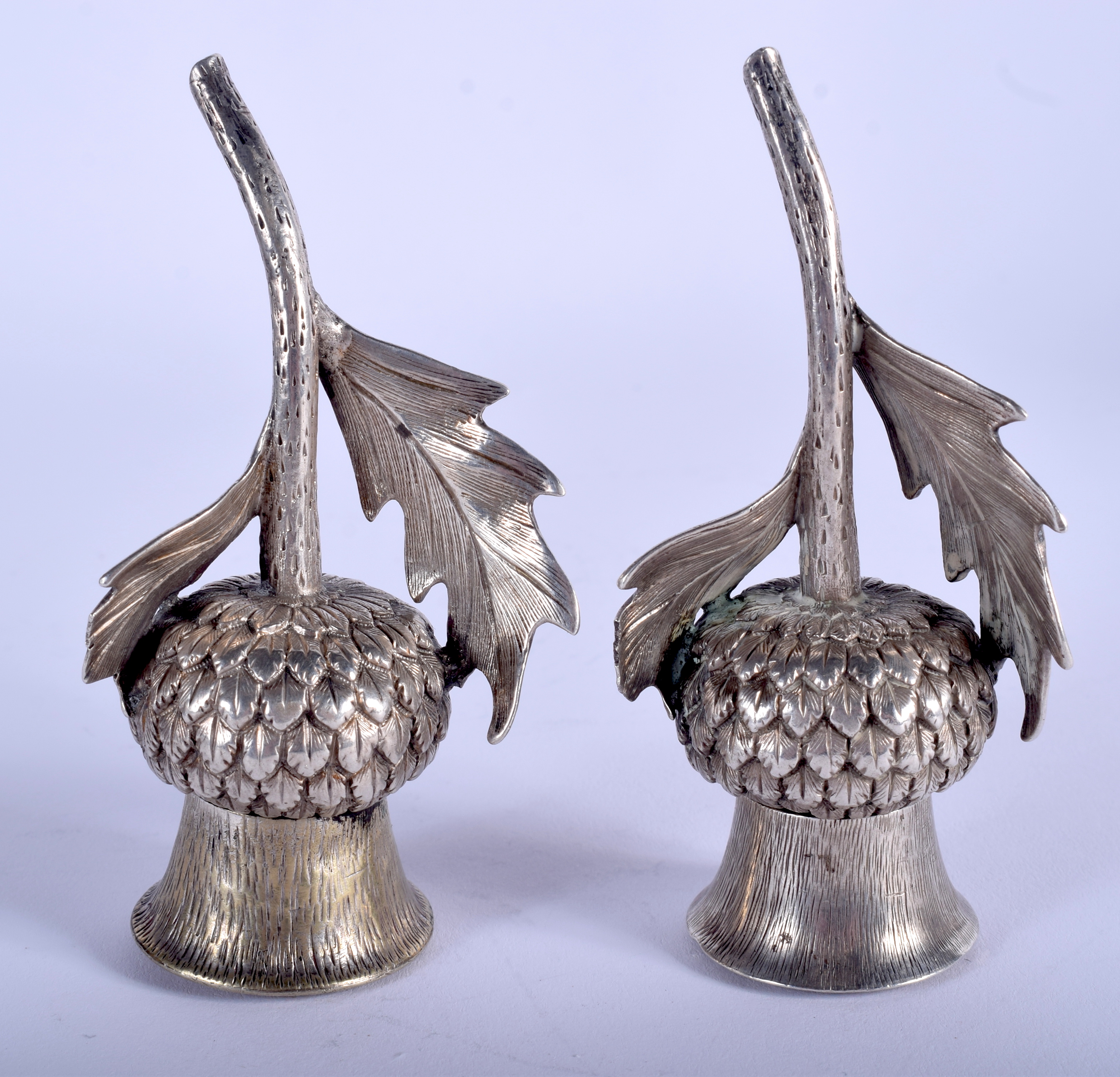 A PAIR OF VICTORIAN SILVER THISTLE DESK SANDERS. 9 cm long. - Image 2 of 4