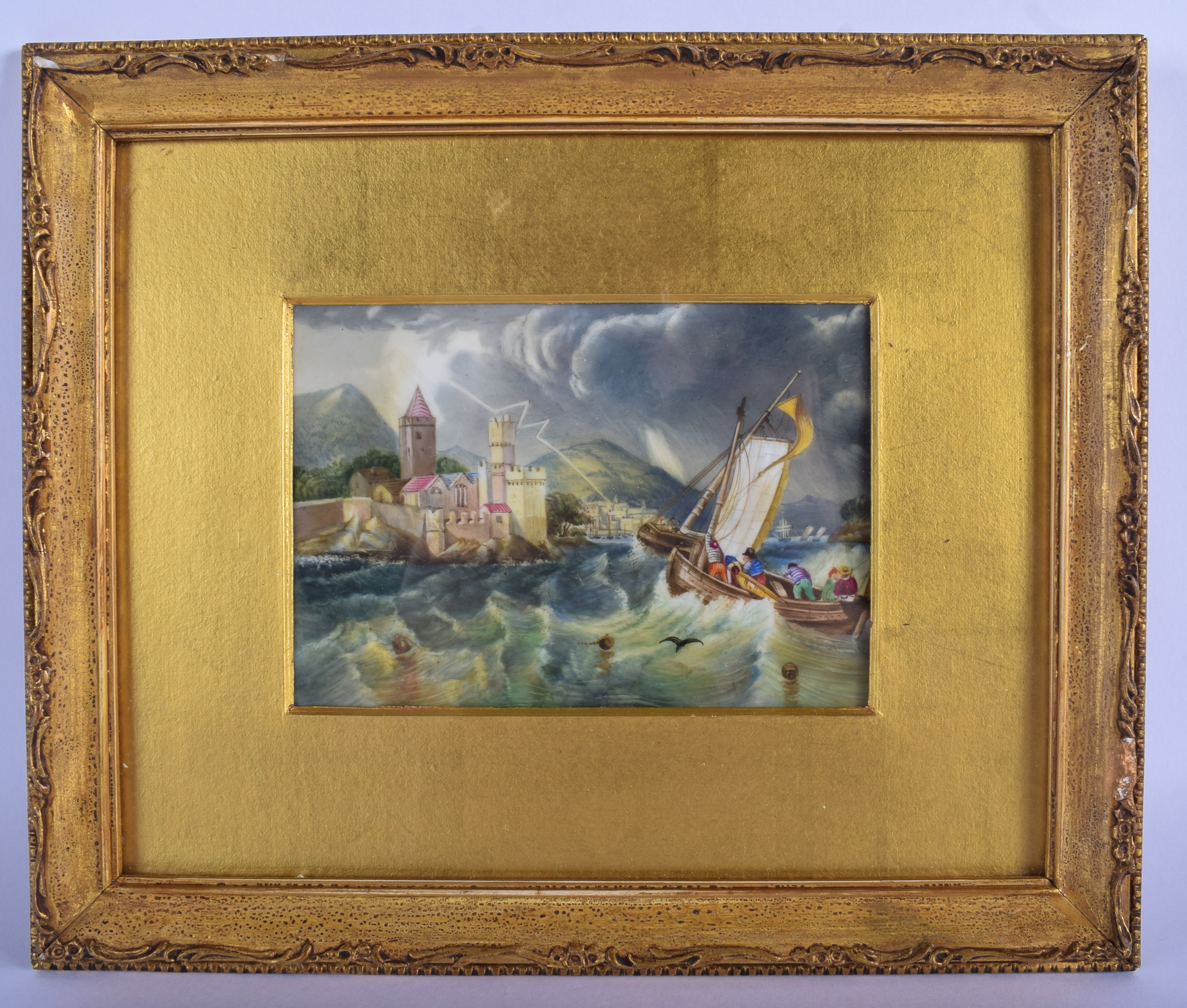 19th c. English porcelain plaque, painted with fishermen in a rough sea nearing land and a contine