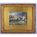 19th c. English porcelain plaque, painted with fishermen in a rough sea nearing land and a contine