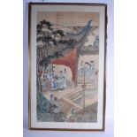 A LARGE 19TH CENTURY CHINESE INKWORK WATERCOLOUR PANEL Qing, depicting ladies within an interior. I