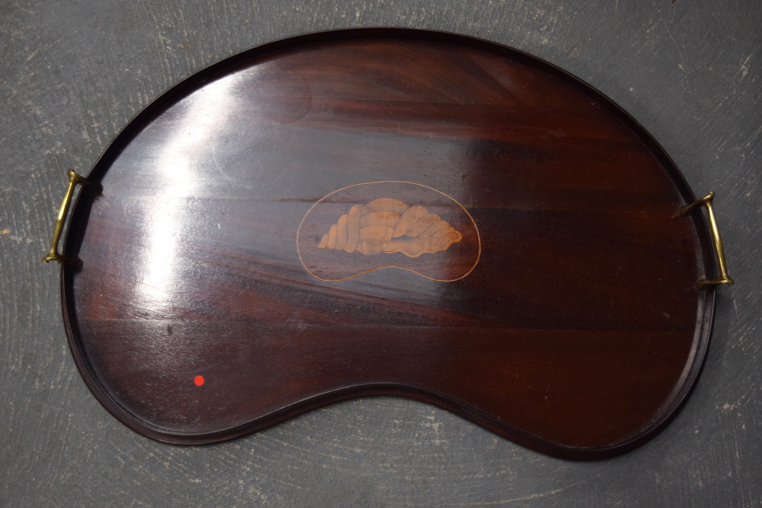 AN EDWARDIAN SATINWOOD INLAID KIDNEY SHAPED TRAY, decorated with a conch shell. 55 cm x 33 cm.